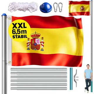 MONZANA® Fahnenmast 6,5m Seilzug Bodenhülse inkl. Spanien Flagge Spanische Nationalflagge Fahne höhenverstellbar Flaggenmast Aluminium Teleskop Fahnenstange - Rot