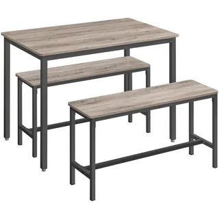 VASAGLE Esstisch mit 2 Bänken, 3er-Set, Küchentisch 70 x 110 x 75 cm, 2 Bänke je 30 x 97 x 50 cm, Stahlgestell, Greige meliert-tintenschwarz KDT070B02