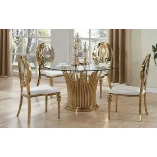Rund Edelstahl Tisch Runde 5tlg Runder Esszimmer Tisch + 4 Stühle Stuhl Set - Gold, Weiß