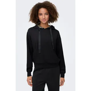 Kapuzensweatshirt ONLY "ONLALINA LIFE LEO DETAIL HOOD BOX SWT", Damen, Gr. XS, schwarz detail:schwarz strings, jose leo hood lining, Sweatware, Obermaterial: 93% Polyester, 7% Elasthan, unifarben, regular fit, Rippbündchen, Sweatshirts Kapuzensweatshirt