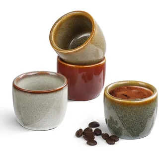 NOVAJOY | Espressotassen Set | 4-teilig | 50 ml | Hochwertige Mini-Espressotasse aus Steingut | Ohne Henkel | Spülmaschinenfest | Kleine Kaffeetassen | Mokka | Geschenk in modernem Design