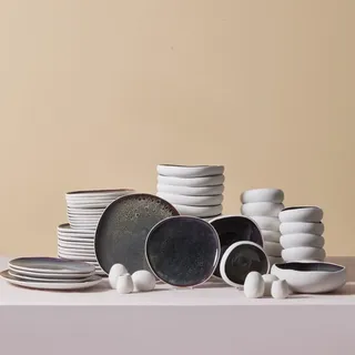 Karaca Earth Collection Galactic 55-tlg Steingut-Geschirrset für 12 Personen, Mehrfarbige Teller Set, Spülmaschinen Geschirr Set, Tafelservice mit Reaktivglasur, Weiß