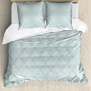 ABAKUHAUS Damast Bettbezugs Set Für Doppelbetten, Viktorianische Motiven Art, Milbensicher Allergiker geeignet mit Kissenbezügen, Creme und Babyblau