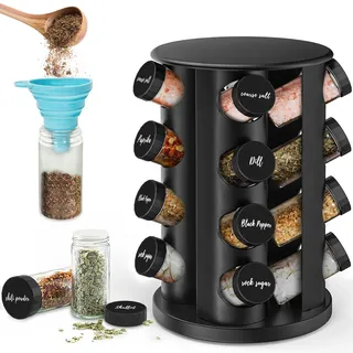 IPEB Drehbares Gewürzregal mit 16 Gewürzgläsern, drehbares Gewürzregal aus Edelstahl mit Aufklebern und faltbarem Trichter für Arbeitsplatte oder Schrank, Schwarz