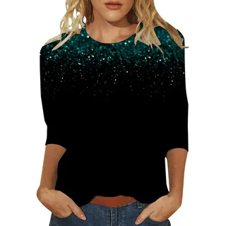 Glitzer Bedruckt Oberteile Damen 3/4 arm Pailletten Drucken Shirt Festlich Elegant Große Größen Blusen Silvester Outfit Rundhals Pullover Party Festliche Top