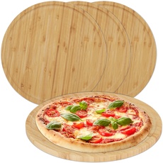 Relaxdays Pizzateller, 4er Set, Bambus, Ø 32 cm, Servierbrett für Pizza, Flammkuchen, Käse, rundes Pizzabrett, natur