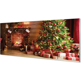 Glasbilder 125x50 Wandkunst Kamin Geschenke Weihnachtsbaumbeleuchtungen - Schwarz