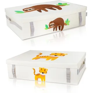GRINSEZWERGE 2er-Set Spielzeugkiste zur Aufbewahrung unter dem Bett | Unterbettbox Kinder | Aufbewahrungsbox Kinder | große Spielzeugbox mit Deckel für Kinderzimmer | Unterbett Box Kiste flach
