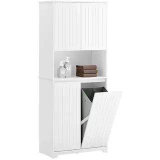 SoBuy Hochschrank mit Wäschesack, Badschrank, 70x170x37cm , Weiß , Holzwerkstoff , 70x170x37 cm , Badezimmer, Badmöbel, Hochschränke