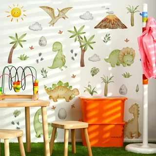 Runtoo Wandtattoo Dinosaurier Baby Wandsticker Dino Aquarell Vulkan Palmen Blätter Wandaufkleber Kinderzimmer Babyzimmer Mädchen Junge Schlafzimmer Wanddeko