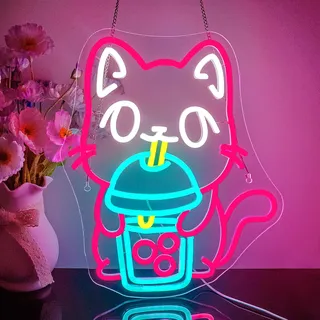Looklight Katzen Boba Tee Neon Schild für Wanddekoration, Katzen-Neonlicht, bunte LED-Neonschilder, Bubble Tea Neonschild für Kinderzimmer, Schlafzimmer, Bar, Küche, Restaurant, Kaffee, Dessertladen