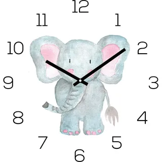 Wanduhr Zootiere 30x30cm Elefant Glas Kinder Uhr Glasbild Tiermotiv Wanddeko
