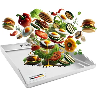 FENNEK Plancha 40 x 30 cm mit Vorderkante & großem Ablaufloch | Universelle Teppanyaki Grillplatte passend für viele Gasgrills | 4,0 mm Edelstahl | Spülmaschinenfest | Made in Germany