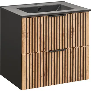 Waschtisch 60 cm mit Keramik Waschbecken schwarz XANTEN-56 in anthrazit mit Eiche Nb. schwarz gerillt, B/H/T: ca. 60/59,5/46 cm - Braun