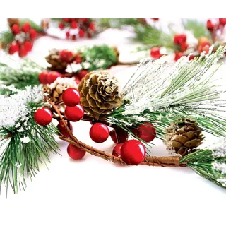Weihnachtsgirlande Winter rote Beeren Urlaub Dekoration Tannenzapfen, immergrüne Kiefernnadel - Unbeleuchtete Beerengirlanden Xmas Decor, Küche, Innen- und Außenbereich Grün mit Schnee, 1.8 m lang