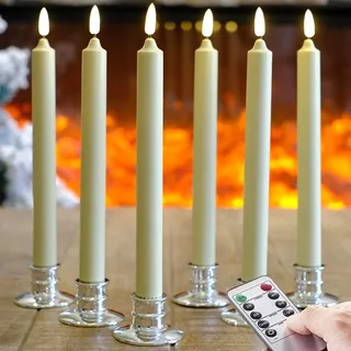 NONNO&ZGF 6 LED Elfenbein Stabkerzen mit Fernbedienung, Echtes Wachs, Fensterkerzen, Timer-Funktions Fenster kerzen mit 6 Silber Kerzenhaltern