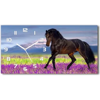Wanduhr aus Glas – 60x30 cm - Glasbild - Glasuhr - Gehärtetes Glas - weisse-zeiger - Pferd auf dem Lavendelfeld