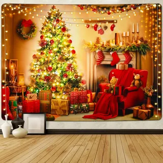 Alishomtll Wandteppich Weihnachten Wandtuch Wandbehang Aesthetic Weihnachtsdeko Weihnachtsbaum Geschenke Tapisserie Wanddeko Weihnachtswandteppich für Schlafzimmer Wohnzimmer Wohnheim 150x130cm