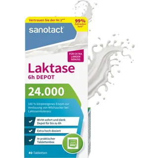sanotact Laktase 24.000 6h DEPOT (40 Laktasetabletten) • Laktose Tabletten mit Depot-Wirkung • Bei Laktoseintoleranz & Milchunverträglichkeit • Sofortwirkung & 6h Langzeit-Depot
