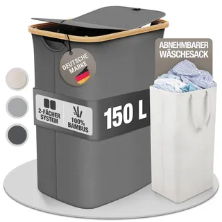 Wäschekorb 150L mit 2 Deckeln und 2 Fächern – Faltbarer Wäschesammler aus Bambus-Stoff Dunkelgrau – Wäschebox, Wäschetruhe, Wäschebehälter, Wäschetrenner für Bad, Schlafzimmer & Waschküche