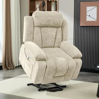Merax Elektrischer Relaxsessel, Massagesessel mit 8-Punkt-Massa und Heizfunktion, Fernsehsessel mit Hebefunktion, Stoffsofa mit Staufach, Braun - Beige