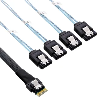 InLine Slim SAS Kabel, SFF-8654 4i zu 4x SATA 7-pin, 12Gb/s, 1m, interne Verbindung für SAS Controller zu SATA HDD SSD, platzsparend, 27646B