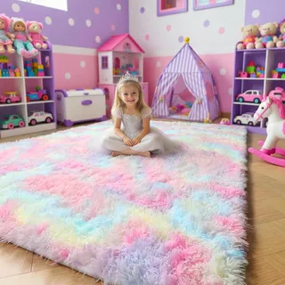 Flauschige Regenbogen-Teppiche für Mädchenzimmer, Einhorn-Zimmerdekoration, Pastell-Teppich für Kinder, Shag Teppich für Kinderzimmer, Plüschteppich für Spielzimmer, Überwurfteppich 10.2x15.2 cm