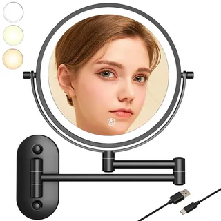TUSHENGTU schminkspiegel mit Beleuchtung, 22cm Wand-Rasierspiegel für das badspiegel mit 10x Vergrößerung und Aufbewahrungsbox, LED wiederaufladbar, Schwarz, 8CB-B-10X