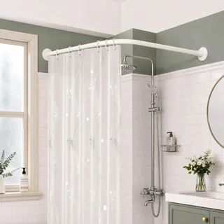 Viertelkreis Duschvorhangstange,Eck-Duschvorhangstange Verstellbar Edelstahl L Form,Weiß Teleskopstange Dusche, Bohren Oder Ohne Bohren, Als Duschstange, Kleider(Size:C 90-130cm x 90-130cm,Color:Weiß)