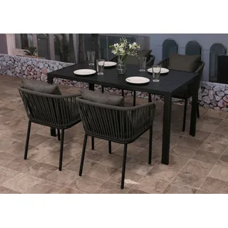 Gartengarnitur HWC-N41, Tisch+4xStuhl, wetterfest Alu 140x80cm, Seilgeflecht Rope anthrazit, Kissen dunkelgrau - Grau