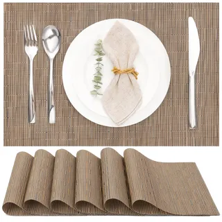 Myir JUN Tischsets Abwaschbar 6er Set, Gewebte Platzdeckchen rutschfest Abgrifffeste Hitzebeständig, Vinyl Platzsets Abwaschbar für küche Speisetisch Hotel, Platz-Matten 30x43.5cm (Braun)