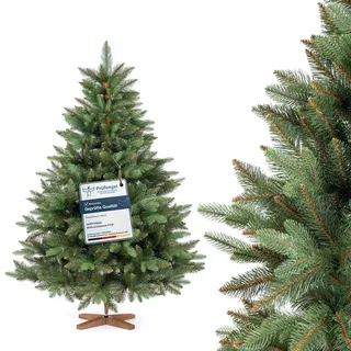 FAIRYTREES Weihnachtsbaum künstlich, Nordmanntanne Premium 150 cm, Naturgetreue Spritzguss Elemente, Made in EU, Künstlicher Weihnachtsbaum mit handgefertigtem Ständer aus Eschenholz