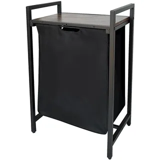 21Bamboo Wäschekorb mit Ablage – Schwarzer Wäschesammler aus Metall mit rustikaler Holzoptik, abnehmbarer Wäschesack, platzsparend, stabil, für Badezimmer, Schlafzimmer oder Waschküche – 66 x 47 x 33