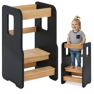 ComfortCove Lernturm ab 1 Jahr, Sicherer & Stabil Tritthocker Kinder, 3-stufig höhenverstellbarer Lernturm für Kinder, Montessori Learning Tower für Kleinkinder, Kinderstuhl Holz, Schwarz/Eiche