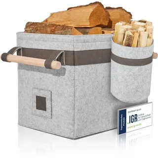 OAKAGE® Holzkorb für Kaminholz Groß mit Zündholzkorb [Integrierter Metallrahmen für Zusatzstabilität] Kaminholzkorb Feuerholzkorb Brennholzkorb Kaminkorb Filzkorb | Korb Hellgrau