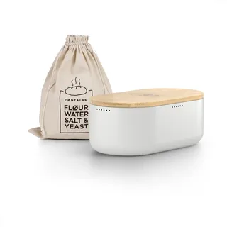 LARS NYSØM Brotkasten I Brotbox aus Metall mit Brotsack aus Leinen für langanhaltende Frische I Brotdose mit hochwertigem Bambusdeckel verwendbar als Schneidebrett I 36x19x13cm (Pure White)