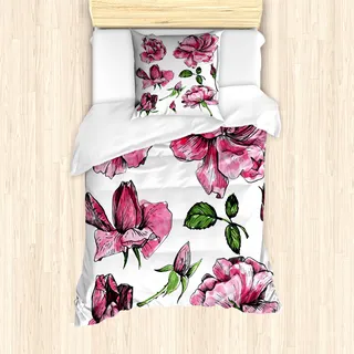 ABAKUHAUS Blumen Mantele, Garten-Blumen-Rosen-Knospen, Milbensicher Allergiker geeignet mit Kissenbezügen, 135 cm x 200 cm - 80 x 80 cm, Pale Pink Pink