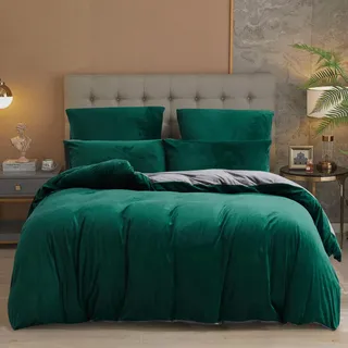 Damier Winter Plüsch Bettwäsche 200x220cm Grün Grau Warme Bettwäsche Set 3 Teilig - 1 Bettbezug Reißverschluss und 2 x Kopfkissenbezug 80 x 80 cm