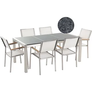 Beliani Gartenmöbel Set Grau Weiß Granit Edelstahl Tisch 180 cm Poliert 6 Stühle Terrasse Outdoor Modern - Grau, Weiß, Silber