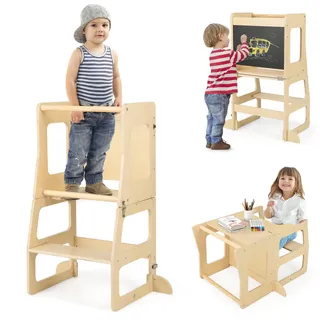 COSTWAY 3 in 1 Lernturm Kinder, klappbarer Tritthocker & Tafel & Kindertisch-Set, Trittschemel Montessori, Stehturm Lernstuhl für Kinderzimmer Küche Badezimmer ab 1 Jahre, Natur