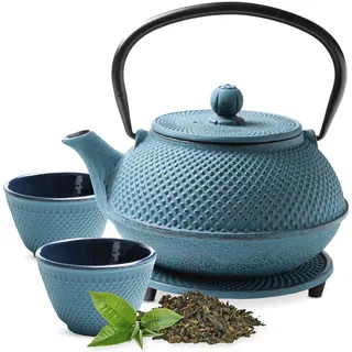 Tealøv TEEKANNE GUSSEISEN SET 800 ML IN GESCHENKBOX | Komplettes Teeservice aus Gusseisen | Gusseiserne Teekanne mit Siebeinsatz, Teetassen & Untersetzer | Teeset im Japanischen Stil | Blau