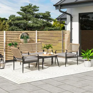 Outsunny Gartenmöbel Set aus Polyrattan Lounge-Set mit 2er Sofa Sessel Glastisch Kissen wetterfest Sitzgruppe für 4 Personen Outdoor Balkonmöbel Set Terrassenmöbel für Garten Balkon Dunkelgrau+Gelb