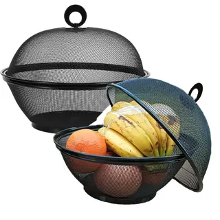 Obstkorb Mit Deckel - Obstschale Metall - Modern Obstaufbewahrung Mit Fliegenschutz - Corbeille Fruit Panier Schwarz (2 Obstkörbe + 2 Deckel; 2 Sets Insgesamt)