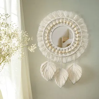 SOMYTING Makramee Wandspiegel Wanddeko Runder Spiegel Boho Hängender Wandspiegel mit Makramee Feder Handgemachtes Baumwollseil Runder Spiegel für Apartment Bedroom Haus Dekoration Beige