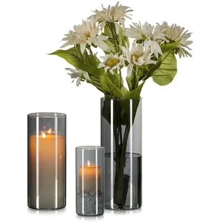 Hewory Vase Schwarz für Deko Wohnung: 3 Vasen Set Vase Glas Grau Schick Blumenvase Modern Glasvasen für Tischdeko - Schönes Windlicht Glas Schwarz Glasvase Zylinder für Geschenk Freundin Esstisch Deko