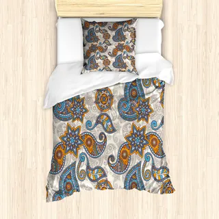 ABAKUHAUS Blumen Bettbezug Set für Einzelbetten, Ethnisches Stammes-Paisley, Milbensicher Allergiker geeignet mit Kissenbezug, Violettblau Ringelblume Beige - Bunt