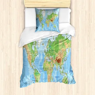 ABAKUHAUS Weltkarte Bettbezug Set für Einzelbetten, Topographische Bildung, Milbensicher Allergiker geeignet mit Kissenbezug, Aqua Grün