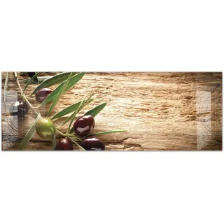 timalo Küchenbild aus Acrylglas modernes Wandbild Glasbild Deko Küche XXL Acryl-Bild wie Glas | 140x50cm Oliven altes Holz Olivenzweige, Mediterrane Küche