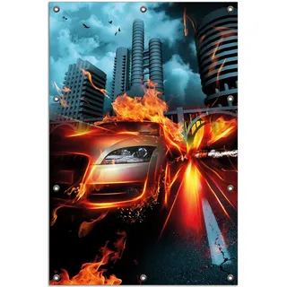 Wallario Outdoor-Poster für Garten oder Balkon, Motiv Brennendes fahrendes Auto, in ca. 80 x 120 cm - Schwarz