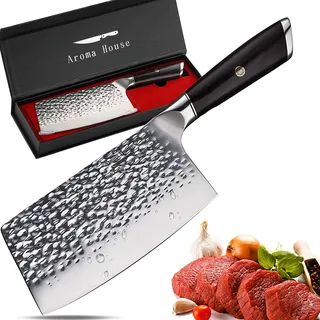 Aroma House Hackmesser Küchenmesser 7 Zoll Messer,Damast,Chinesisches Kochmesser,Damastmesser Hochgekohlter Edelstahl Hackbeil Messer mit Scharfe Klinge und Pakkawood Griff für Küche & Restaurant